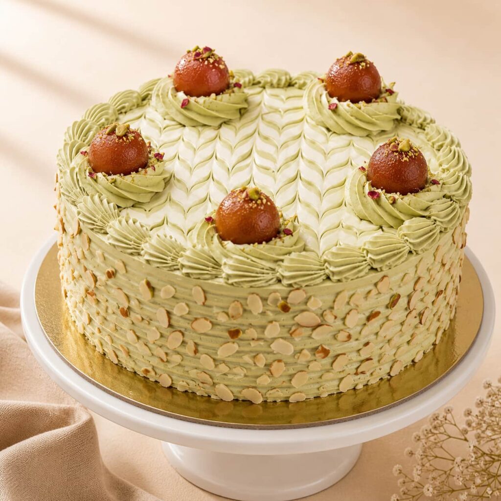 Fantasy Mithai Almond Gulab Jamun Cake with soft sponge, creamy frosting, roasted almonds, and juicy Gulab Jamuns, available for online cake delivery in Chennai from Heydudes Cake Cafe.