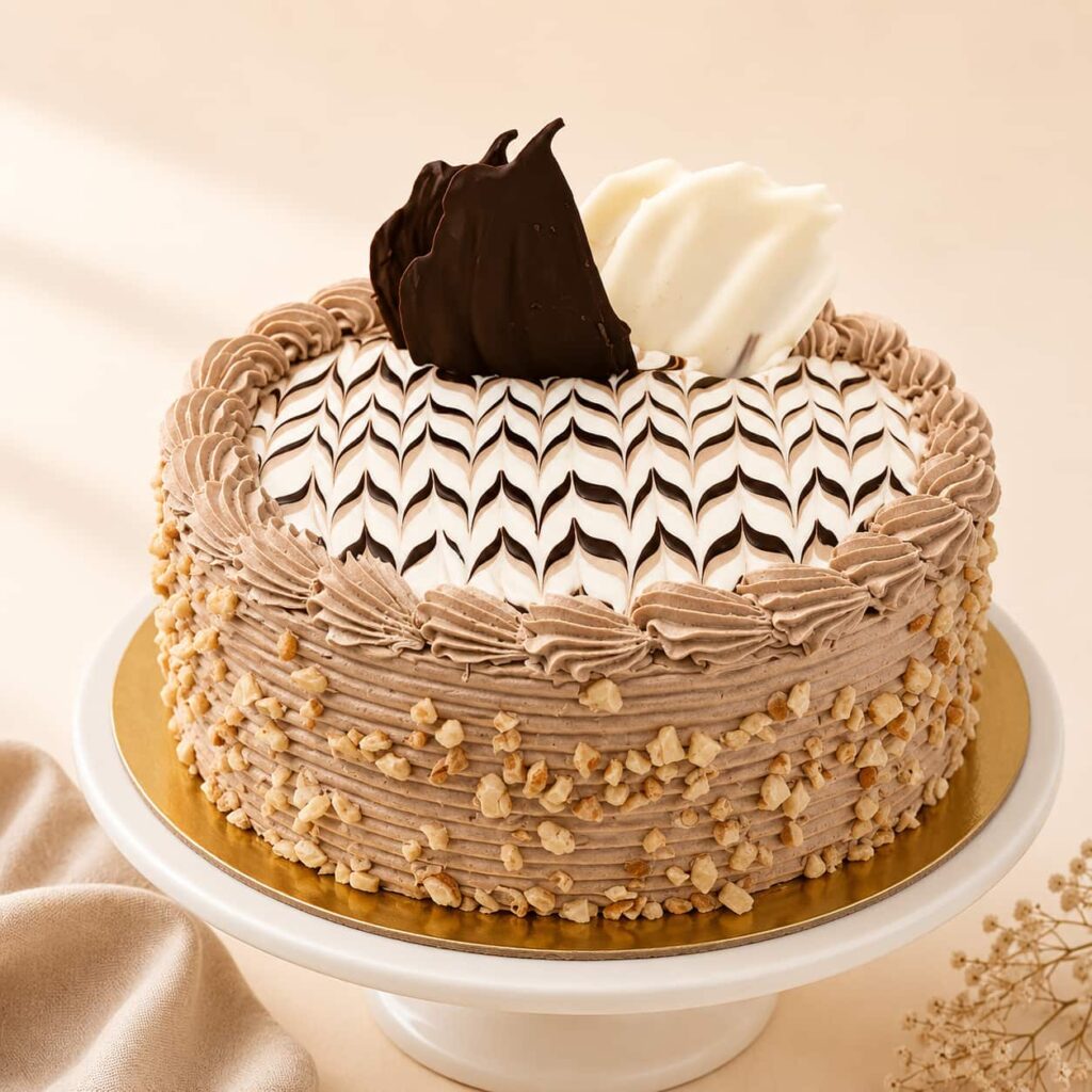 Nutty Chocolate Cake topped with premium roasted nuts and rich chocolate, available for online cake delivery in Chennai from Heydudes Cake Cafe.