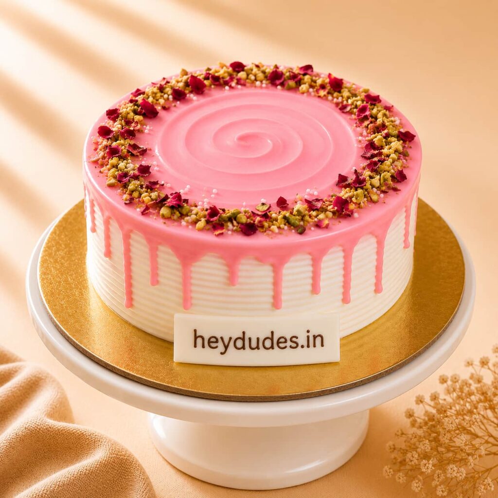 Rose Milk Cake with soft vanilla sponge, creamy rose milk frosting, and elegant rose decoration, available for online cake delivery in Chennai from Heydudes Cake Cafe.