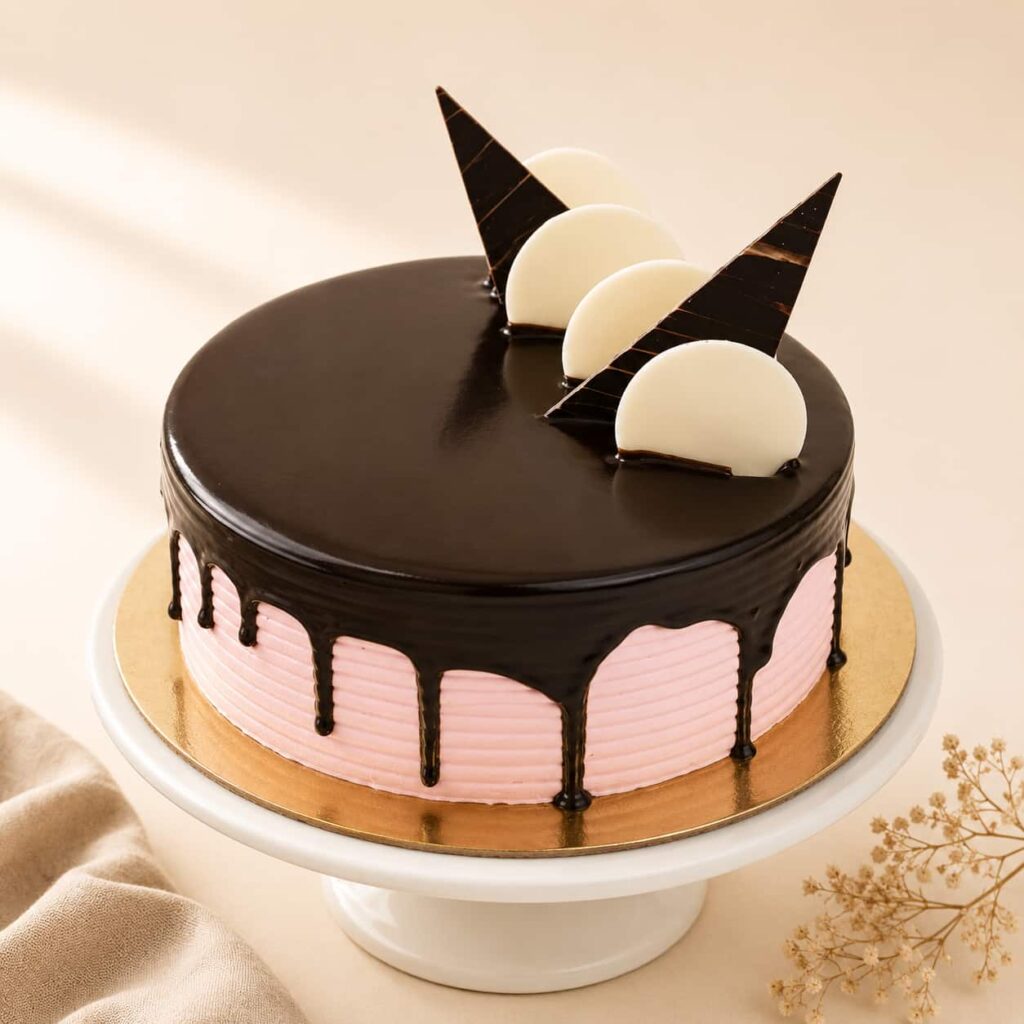 Strawberry Choco Delight Cake with soft chocolate sponge, fresh strawberry cream, and premium chocolate decoration, available for online cake delivery in Chennai from Heydudes Cake Cafe.
