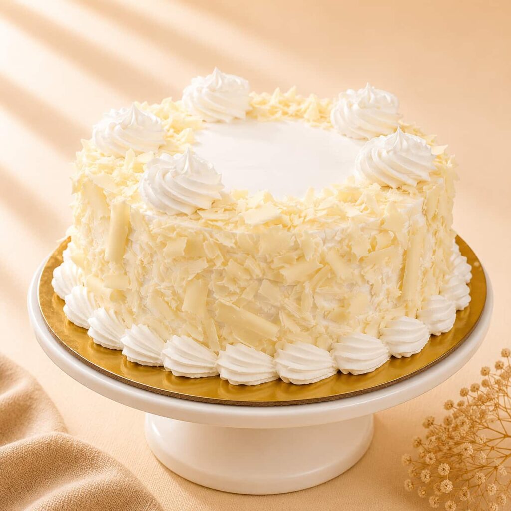 White Forest Cake with soft vanilla sponge, fresh whipped cream, and white chocolate shavings, available for online cake delivery in Chennai from Heydudes Cake Cafe.